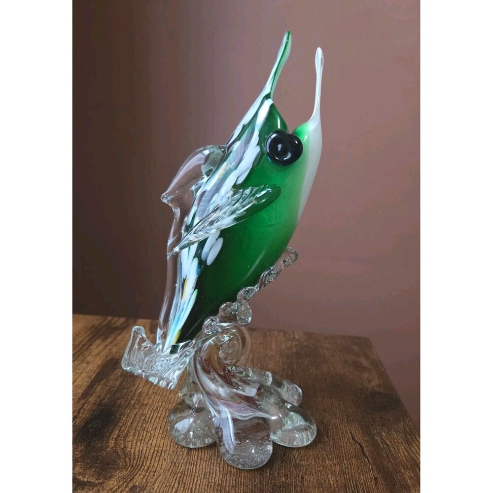 Art Glass Sword fish On Wave Green Marlin Standing Open Mouth 8.5" Murano Style
